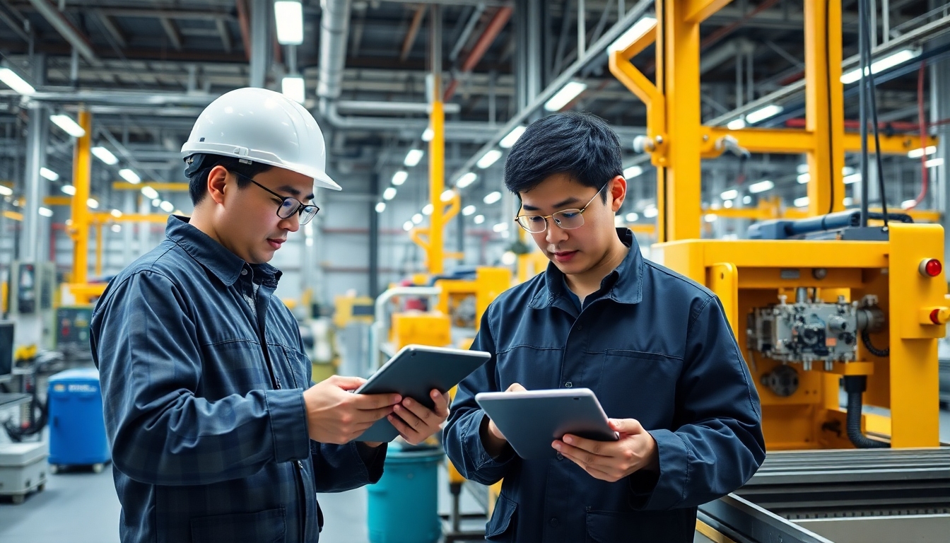 インダストリアルIoTトレーニング - エンジニアがIoTセンサーを設置するスマートファクトリー